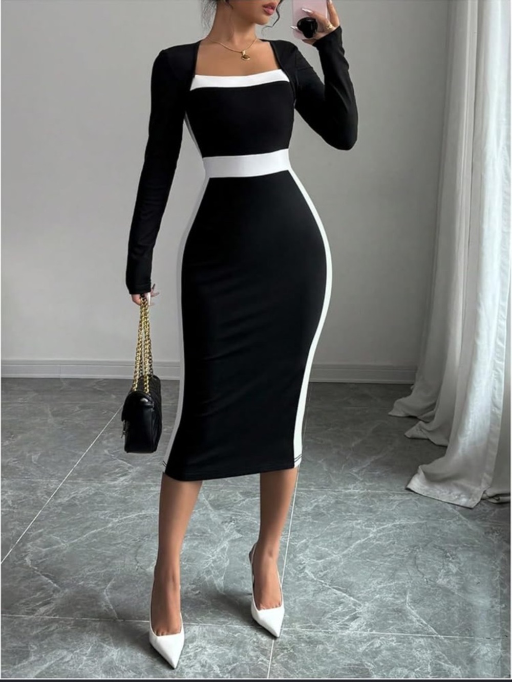 Women's Black & White Colorblock Midi Dress